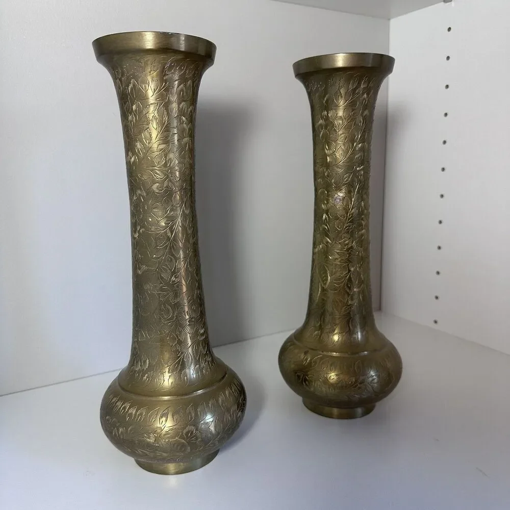 Vintage Pair Etched Brass Vases 11.5” Floral Engraved Made in India Boho Decor